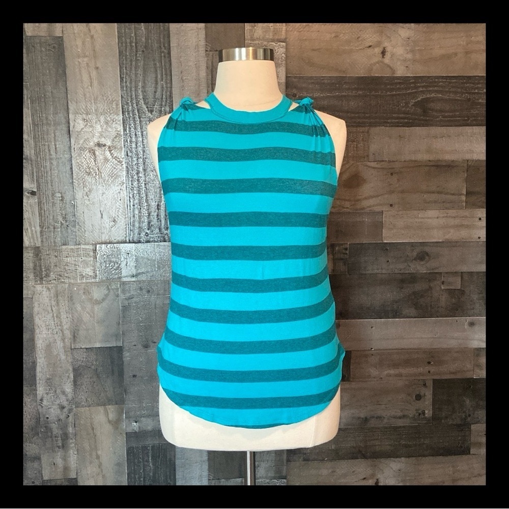 Free People striped tee medium turquoise blue gray festival boho cutout summer